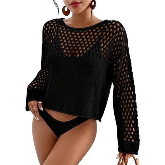 Swimsuit Coverup for Women Knitted Beach Cover Up Long Sleeve